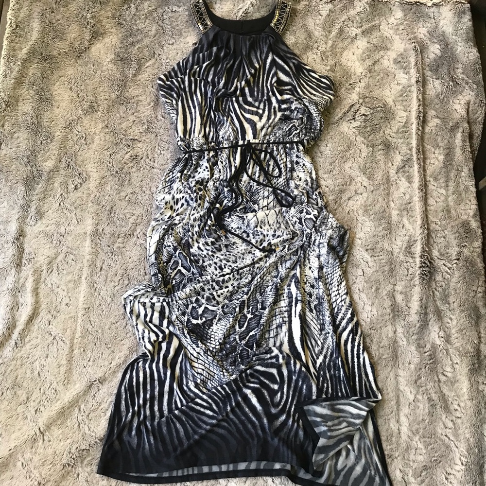 Embellished neck, mixed animal print maxi dress